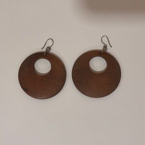 Brown and silver toned Wooden pattern Hoop Dangle Earrings​​​